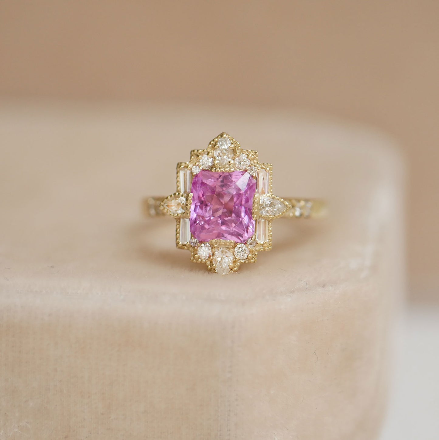 Radiant Pink Sapphire Deco Pear & Emerald Ring