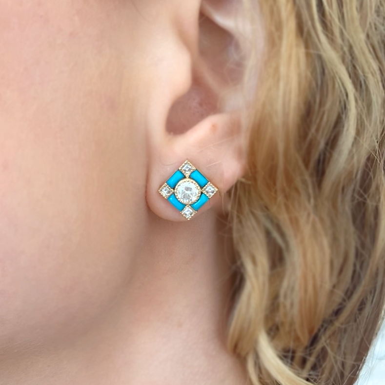 Art Deco Turquoise Diamond Stud Earrings