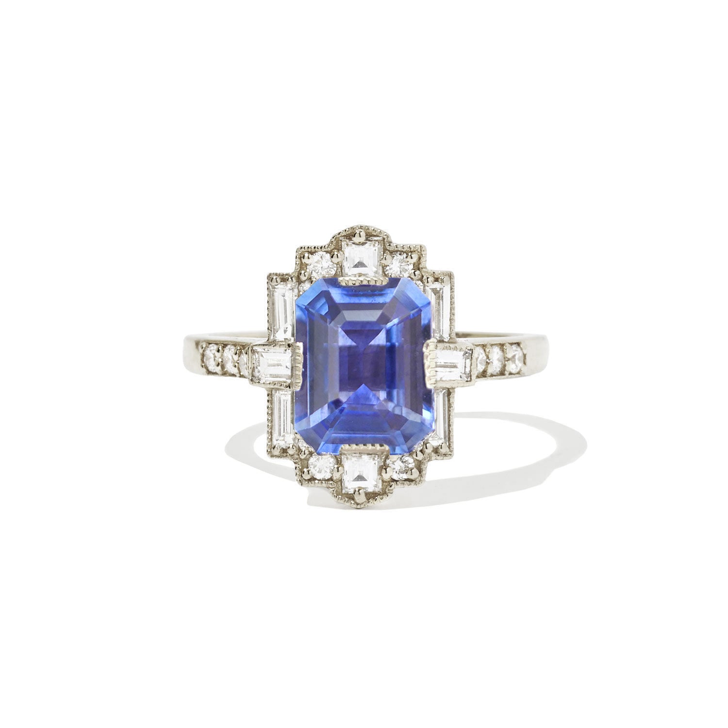 Platinum Ceylon Blue Sapphire Deco Emerald Cut Diamond Ring