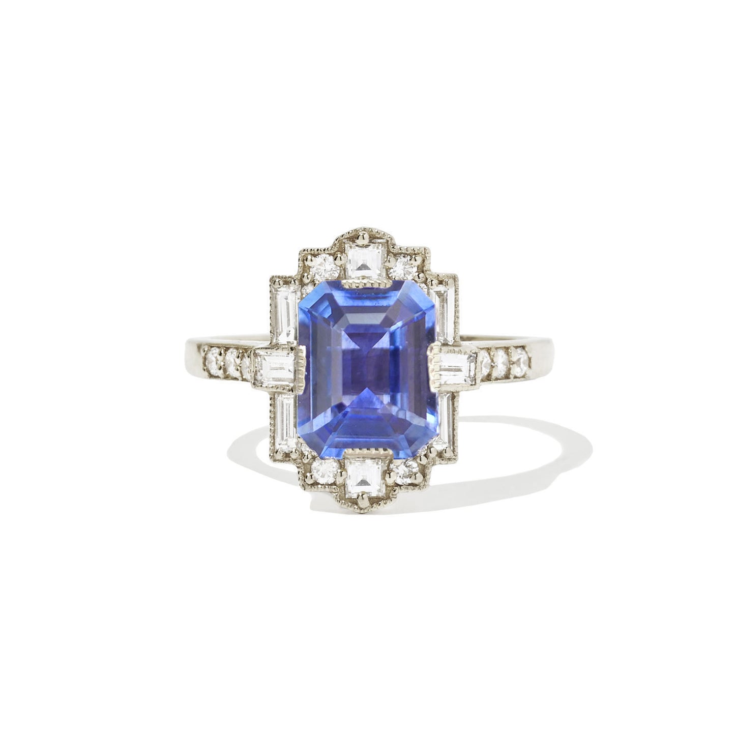 Platinum Ceylon Blue Sapphire Deco Emerald Cut Diamond Ring