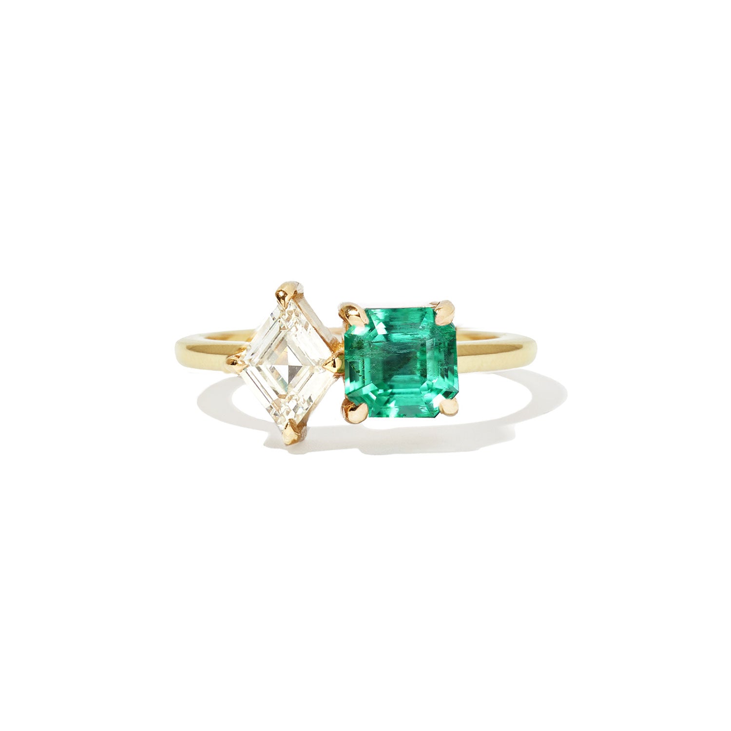 Emerald & Lozenge Diamond Toi et Moi Ring