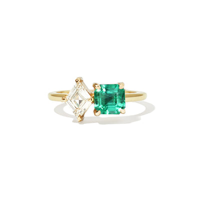 Emerald & Lozenge Diamond Toi et Moi Ring
