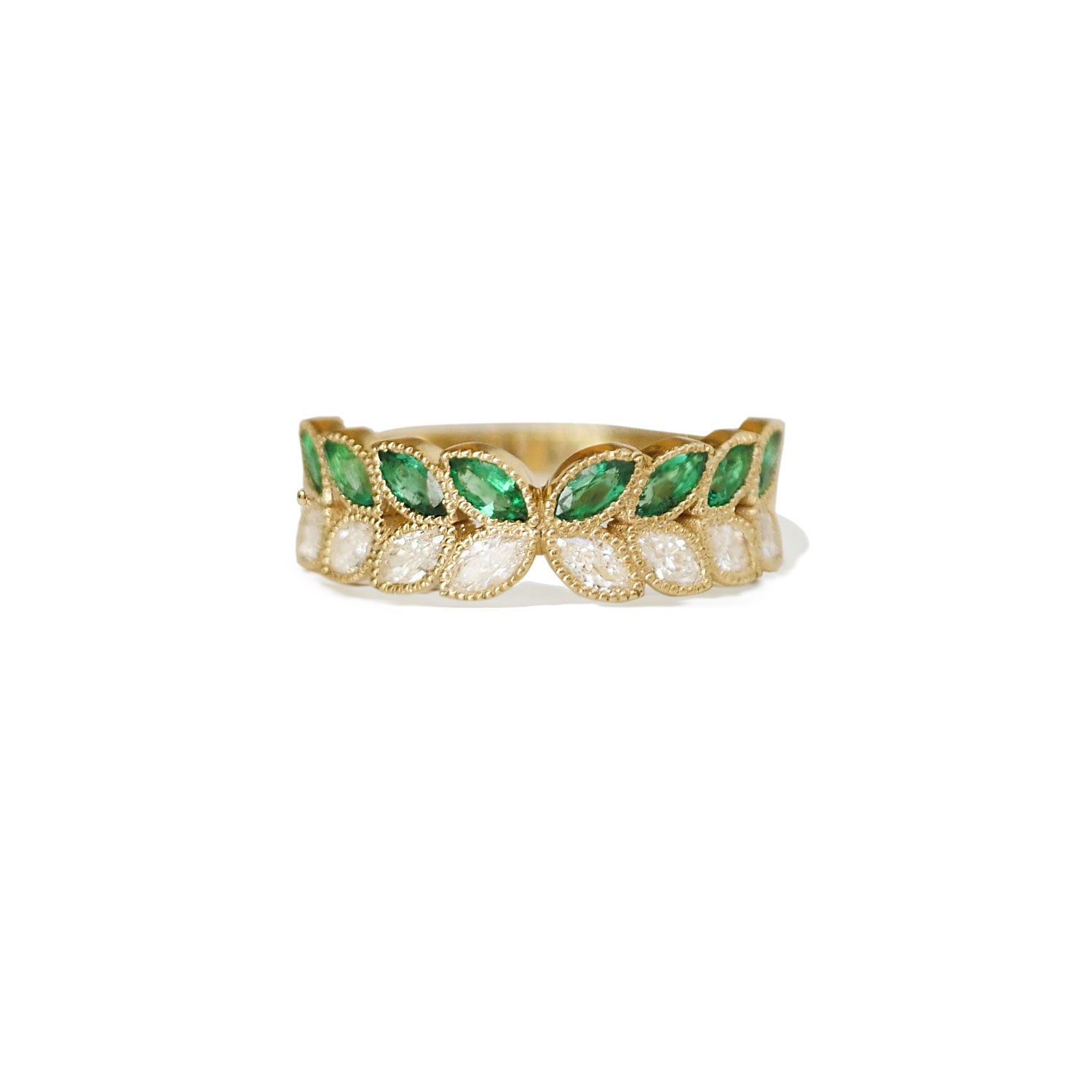 Marquise Emerald & Diamond Falling Leaf Band Ring