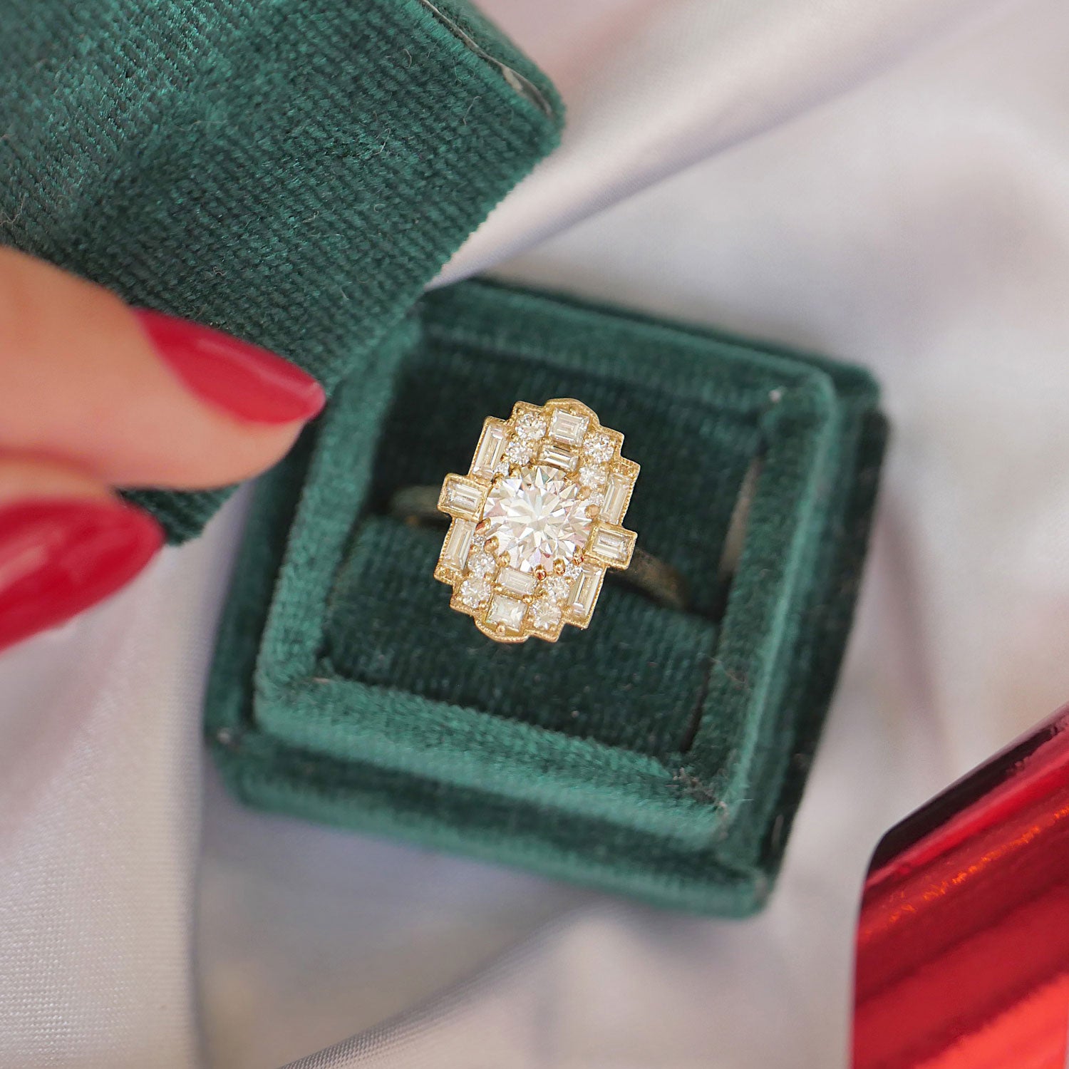 Deco Halo Baguette & Round Diamond Mosaic Ring 1.00 ctw center