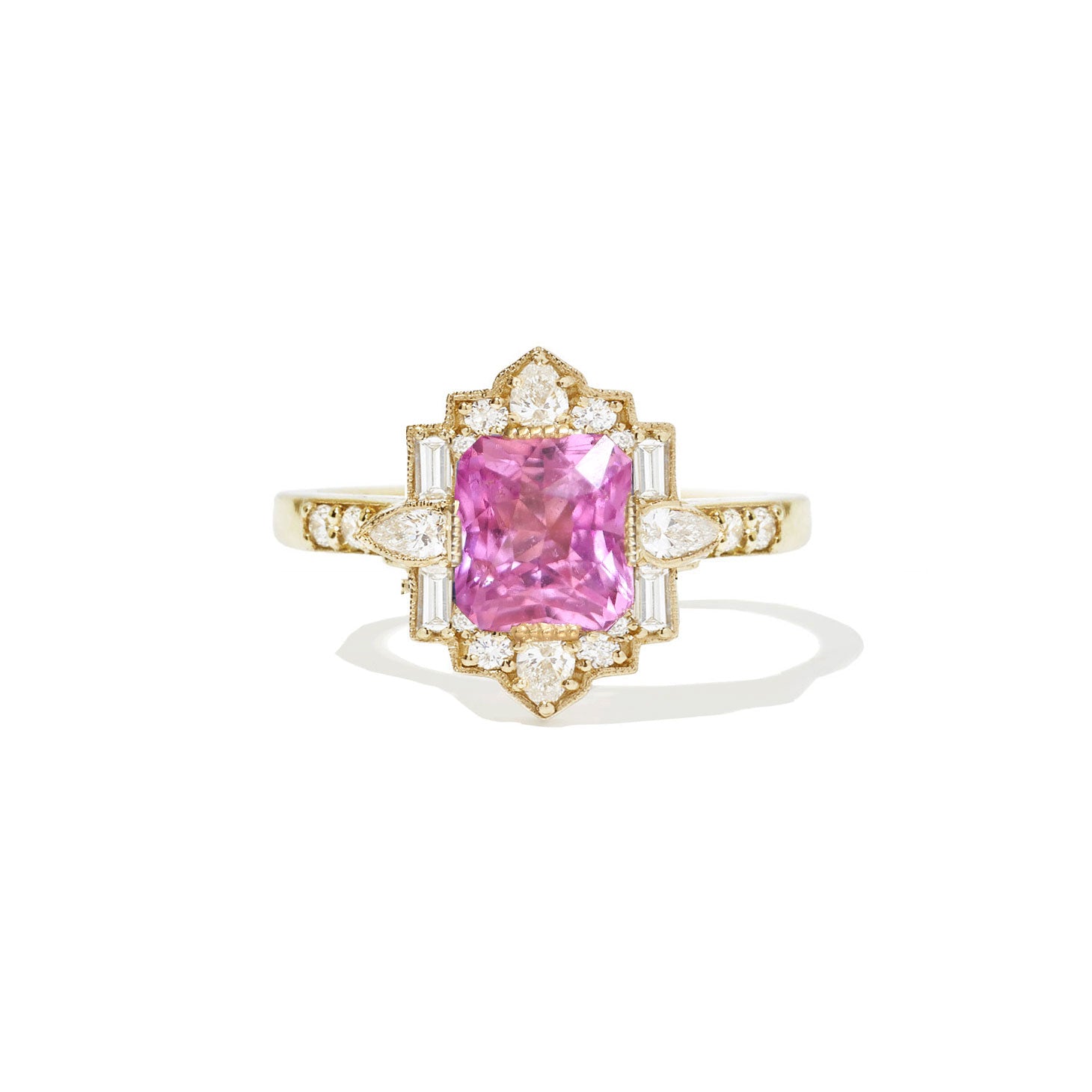 Radiant Pink Sapphire Deco Pear & Emerald Ring