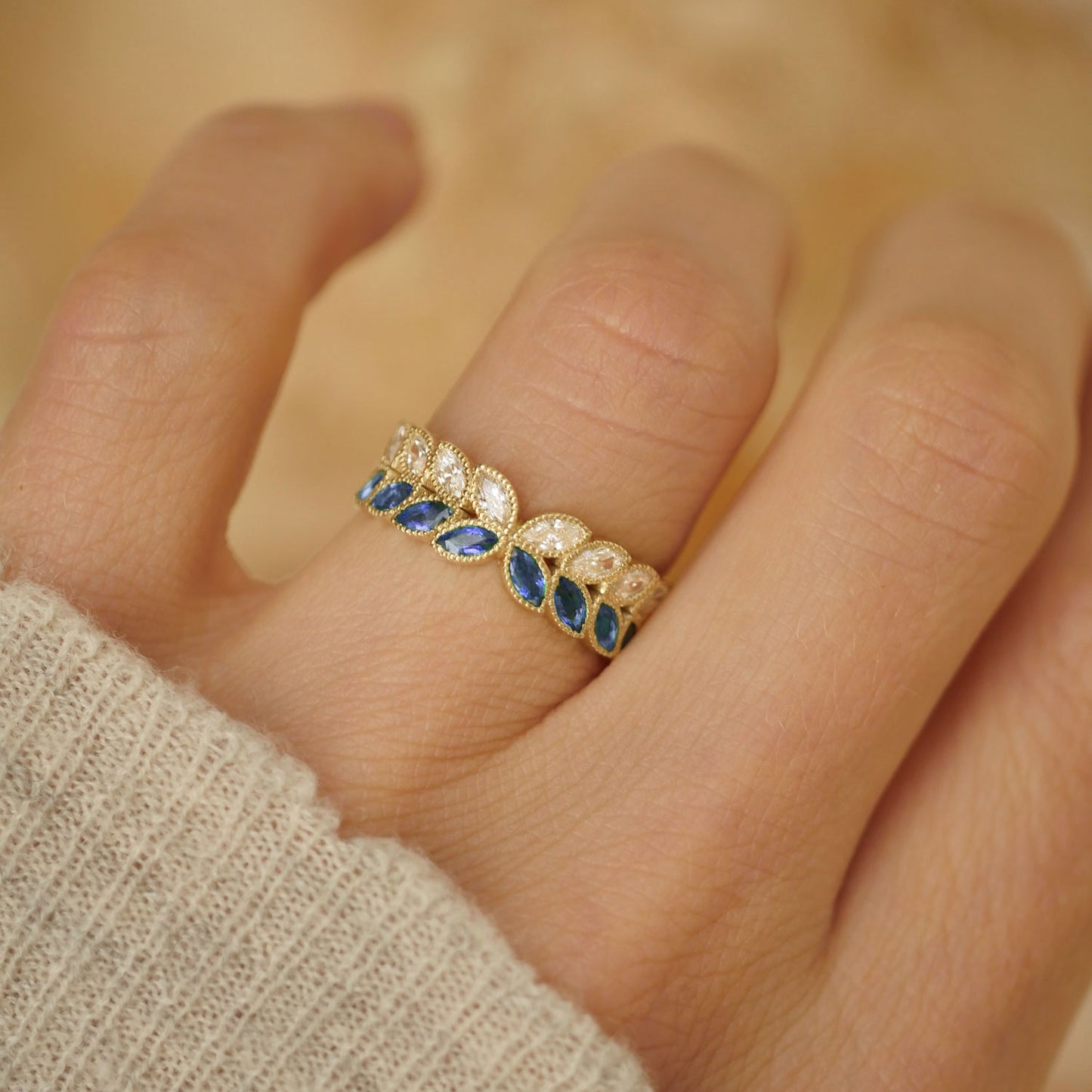 Marquise Sapphire & Diamond Leaf Band Ring