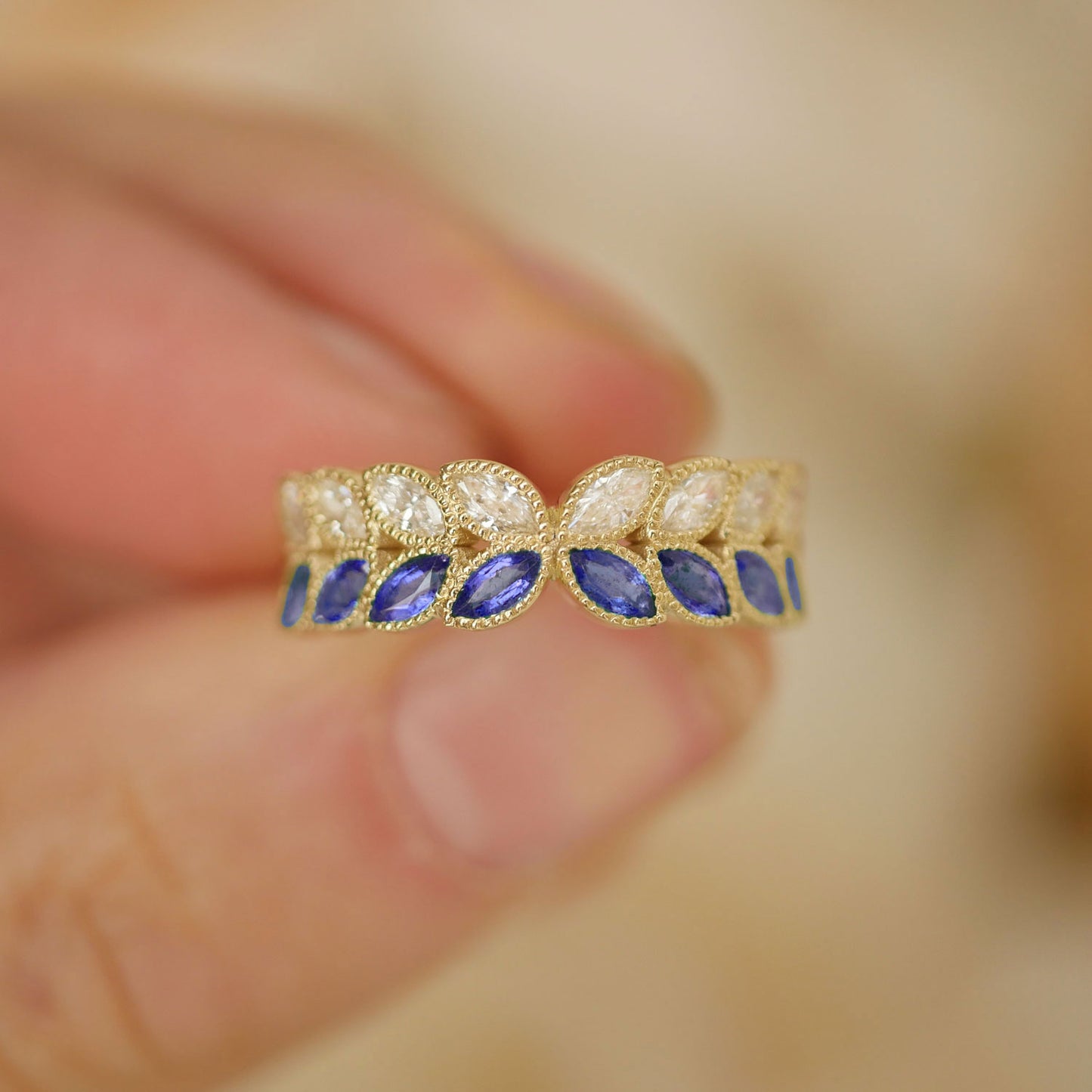 Marquise Sapphire & Diamond Leaf Band Ring