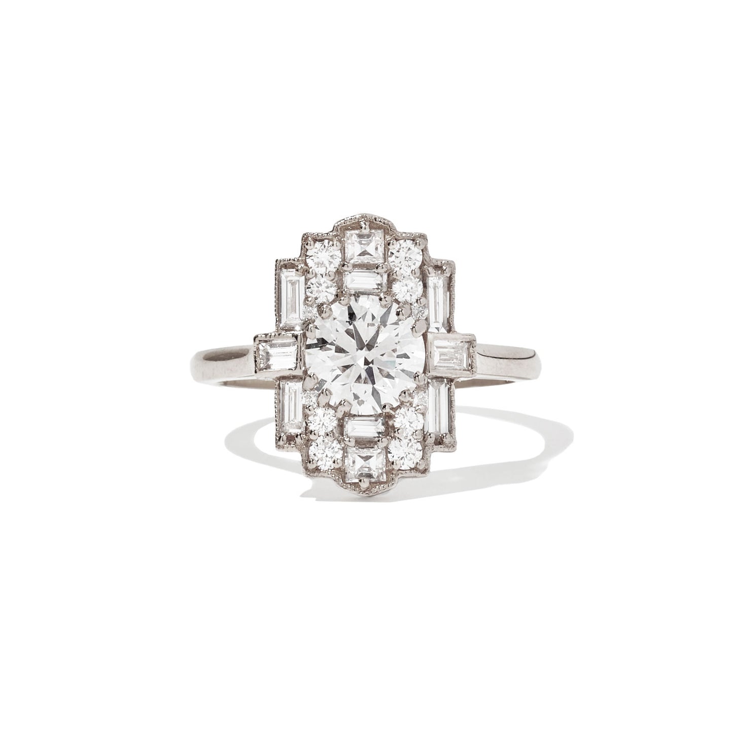 Deco Halo Baguette & Round Diamond Mosaic Ring 1.00 ctw center