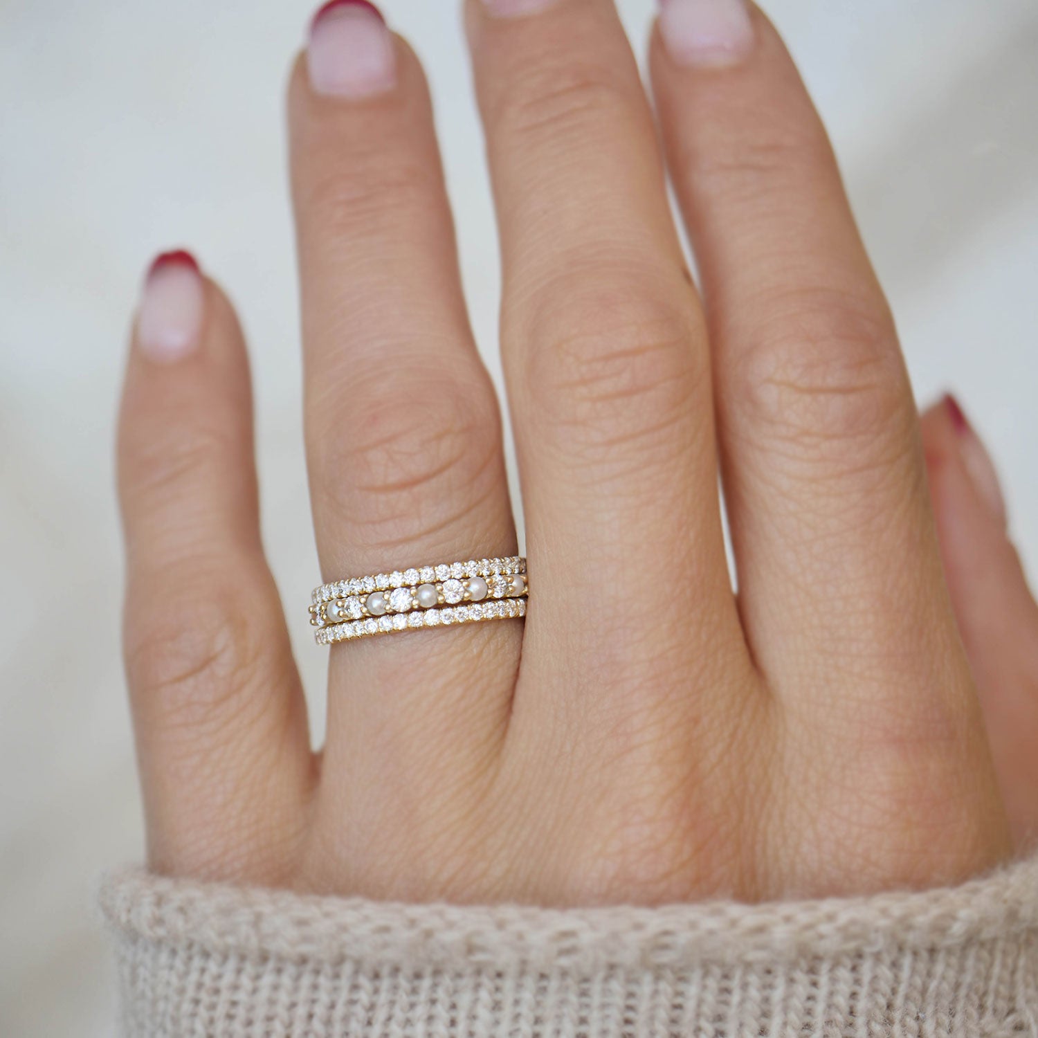2mm Pearl & Diamond Shared Prong Stacking Ring Set